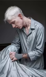 a man is wearing a satin robe sitting down