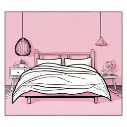 a bed is shown with pink walls and a clock