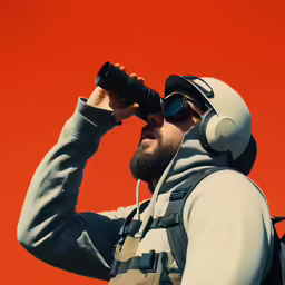 man looking through binoculars in front of a red wall