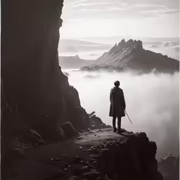 a man stands at the edge of the cliff looking out at the clouds