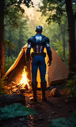 man in suit and helmet standing at camp site near burning tent,a person standing in front of a tent while a fire burns