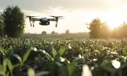 a remote controlled device flying over green grass
