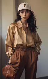 a model wearing a tan outfit and a baseball cap