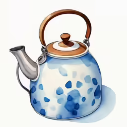 a blue tea kettle sitting on top of a table