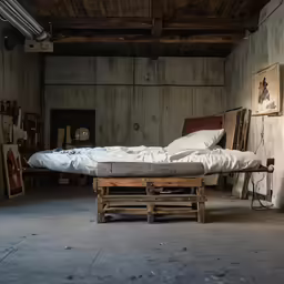 an old mattress on a wooden box in the corner of a room with a chair and other items