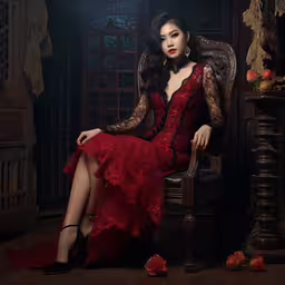 a woman is sitting down on a chair,woman in dress with red and black details sitting on a chair