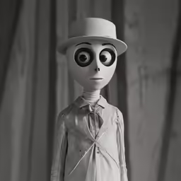 a creepy doll with large eyes standing in a room