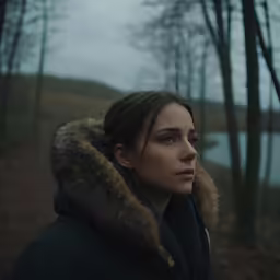a woman in the woods staring at the camera