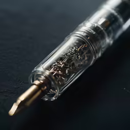 a pen is laying on a black table