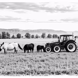 an old tractor next to some horses in a field