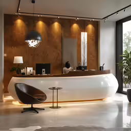 a hotel reception area with a sleek counter