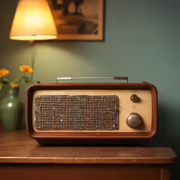 a table with a small radio on it