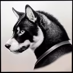 a black and white photo of a husky dog