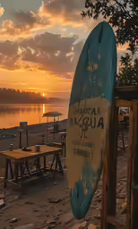 a surfboard is standing on the sand near the water
