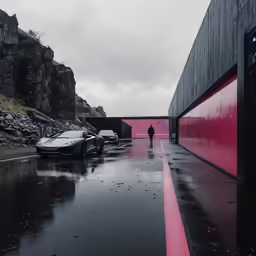 the person is walking in the rain near cars