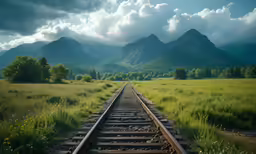train tracks in the field leading to mountain tops
