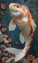 an orange and white koi fish swimming in a pond