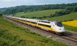 train going down railroad tracks through grassy hills