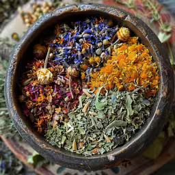 a bowl filled with different colored flowers on top of a table,there is a bowl filled with lots of herbs