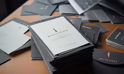 a table topped with lots of black and white business cards