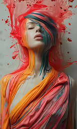 a model wearing multiple colored hair in front of paint