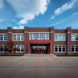 this is an empty building with a red door and window on it