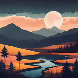 landscape painting of the moon over a mountainous area,a painting of the sun, mountains and a river
