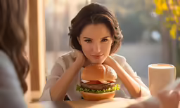 a woman is at a table and has a hamburger in front of her
