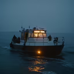 a boat floating in the ocean on a foggy night
