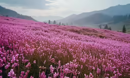 a beautiful field of pink flowers in the distance