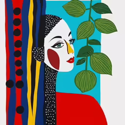a piece of art with an abstract woman next to plants