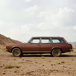 a vintage brown car is parked in a desert landscape