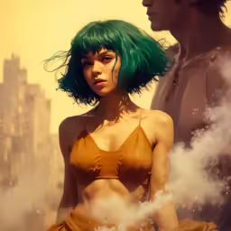 a very cute girl with green hair in a yellow dress