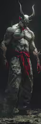 the demonic man in this photo is ready to attack,the demonic warrior with red and black hair is walking