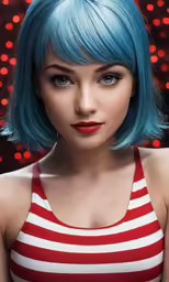 a woman with blue hair and a bright red top