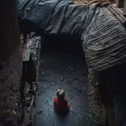 a boy sits on the ground in front of a truck with his blanket over him