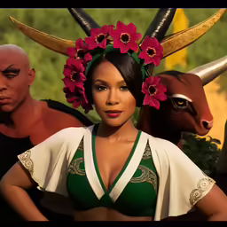 a woman standing in front of cows and wearing a green bikini top