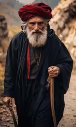 an older man in the mountains with his staff