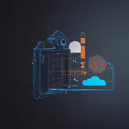 an abstract photo of buildings, a fire tower, and a blue cloud,an image of a digital camera with blue background