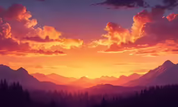 a sunset with clouds and mountains and a lone boat