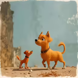 a dog and a cat stand on the beach