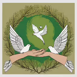 two white birds in the air on their hands,two hands each holding the same white dove, as if protecting an earth