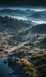 the landscape is full of rocky terrain, and there are few trees in it