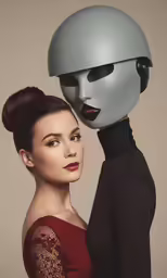 woman in a red dress with a white alien head