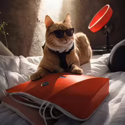 a cat is sitting on the edge of a bed next to a book