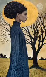 a woman is standing in front of a tree with the moon in it