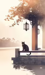 a cat sitting on top of a bench next to water