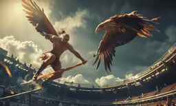 a woman standing next to a large bird
