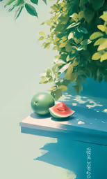 two pieces of watermelon sitting on a bench