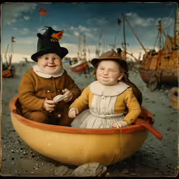 there are two dolls that look like children in a canoe,an old photo of a boy and girl on the beach